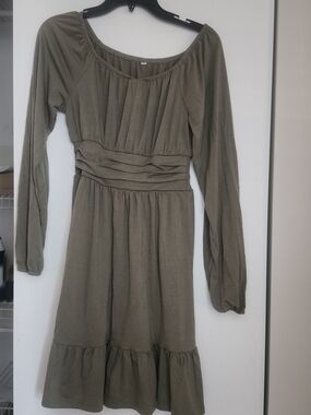 Amazon Olive Green Long Sleeve Empire Waist Dress
